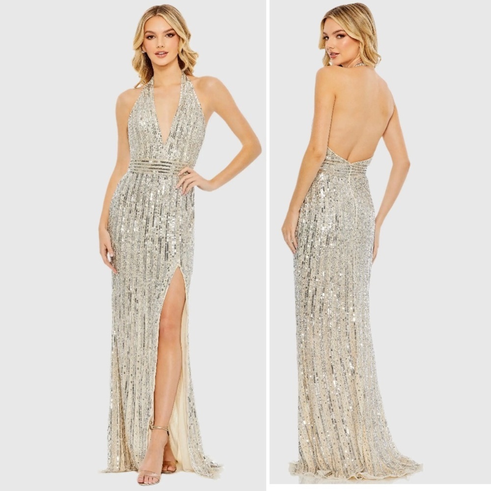 New MAC DUGGAL Size 16 Silver Sequined Halter Plunge Neck Formal Gown Dress Prom